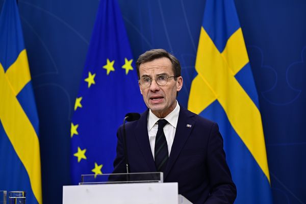 „Ein historischer Tag“, sagte der schwedische Ministerpräsident Ulf Kristersson, nachdem die NATO den Beitritt Schwedens beschlossen hatte. Foto: picture alliance / TT NYHETSBYRÅN | Magnus Lejhall/TT