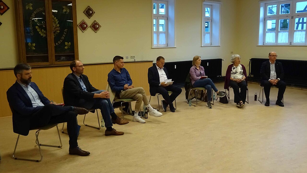 Teilnehmer der Podiumsdiskussion der KERH (von links): Jürgen Bachmann (DIE LINKE), Jan Wilhelm Pohlmann (CDU), Sascha Meier (BÜNDNIS 90/DIE GRÜNEN), Moderator Rudolf Schmelzer, Jana Bukacz (FDP), Sibylle Johst (AfD), Christian Bruno von Klobuczyriski (Freie Wähler). Foto: Ralf Pickenhan