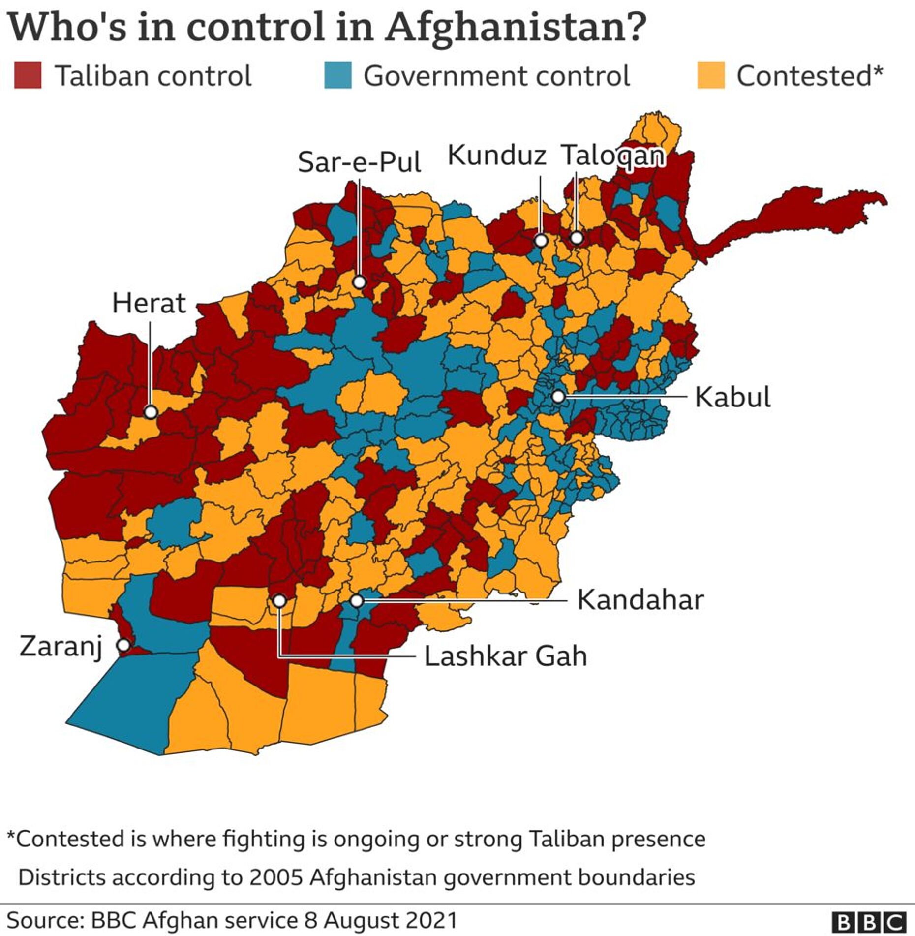 Diese Grafik veranschaulicht die Machtverhältnisse in Afghnanistan am 8. August 2021. Grafik: BBC