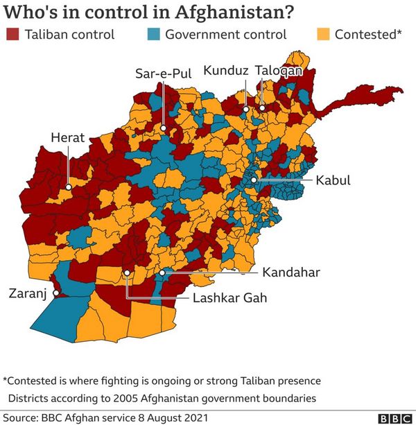 Diese Grafik veranschaulicht die Machtverhältnisse in Afghnanistan am 8. August 2021. Grafik: BBC