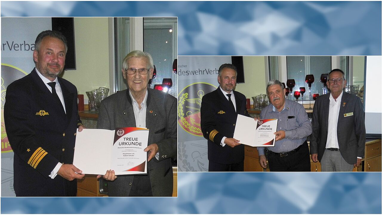 Stabsfeldwebel a.D. Hartmut Christmann und Hauptmann a.D. Hubert Schuler erhielten für ihre 60-jährige Mitgliedschaft im DBwV die Treueurkunden von Fregattenkapitän Marco Thiele und Oberstabsfeldwebel a.D. Harald Lott. Foto: Arved Fritze