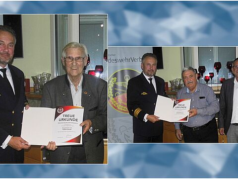 Stabsfeldwebel a.D. Hartmut Christmann und Hauptmann a.D. Hubert Schuler erhielten für ihre 60-jährige Mitgliedschaft im DBwV die Treueurkunden von Fregattenkapitän Marco Thiele und Oberstabsfeldwebel a.D. Harald Lott. Foto: Arved Fritze