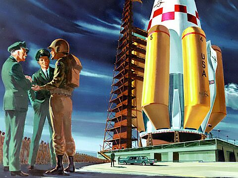 Zukunftsvision eines ITHACUS-Transporters mit den außen befestigten Flüssigwasserstofftanks auf der Startrampe. Mit flüssigem Wasserstoff angetriebene Flugzeuge wird es wohl erst in der zweiten Hälfte dieses Jahrhunderts geben. Repro: DBwV/Archiv