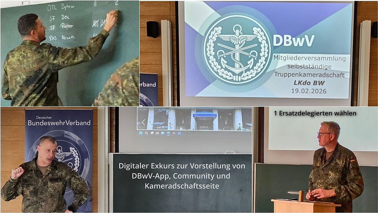 Die Wahlversammlung der sTruKa Baden-Württemberg wählte den Vorstand mit Stabsfeldwebel Ralf Pieper als Vorsitzenden und bot den Mitgliedern zudem einen Exkurs zu digitalen Angeboten des DBwV. Fotocollage: Ralf Pieper/IK