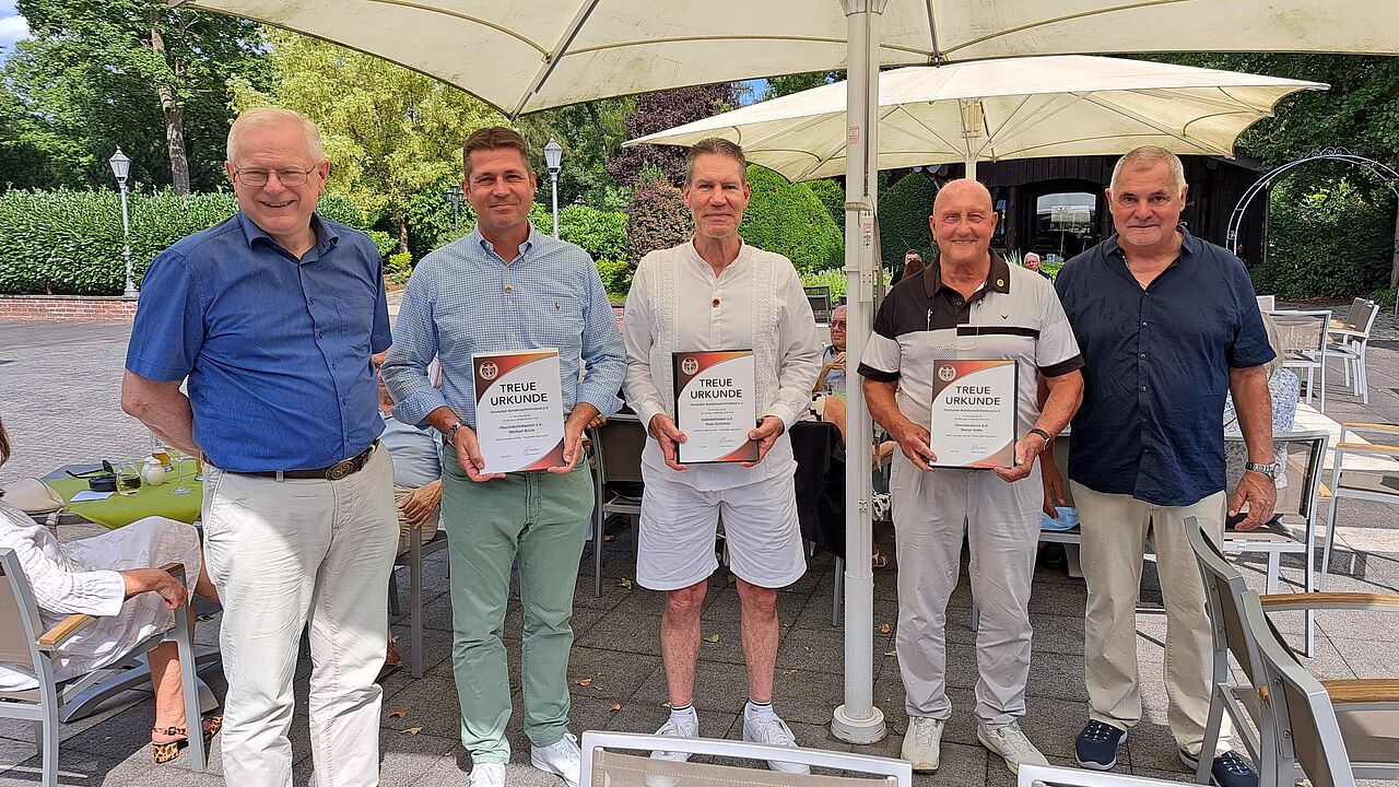 Mitgliederehrung unter besonderen Hygiene- und Sicherheitsmaßnahmen in Köln: Bezirksvorsitzender Hauptmann a.D. Volker Jung (von links), die Jubilare Oberstabsfeldwebel a.D. Michael Busch, Stabsfeldwebel a.D. Peter Schiemer, Oberstleutnant d.R. Rainer Kulke und KERH Vorsitzender Oberstleutnant a.D. Peter Klein. Foto: Joachim Hentschel 