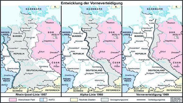 Grafik der Vorneverteidigung, die eine Doktrin der NATO war, um die Sowjetarmee und ihre Verbündeten im Falle eines Überfalls auf die Bundesrepublik in Schach zu halten. Foto: ZMSBw