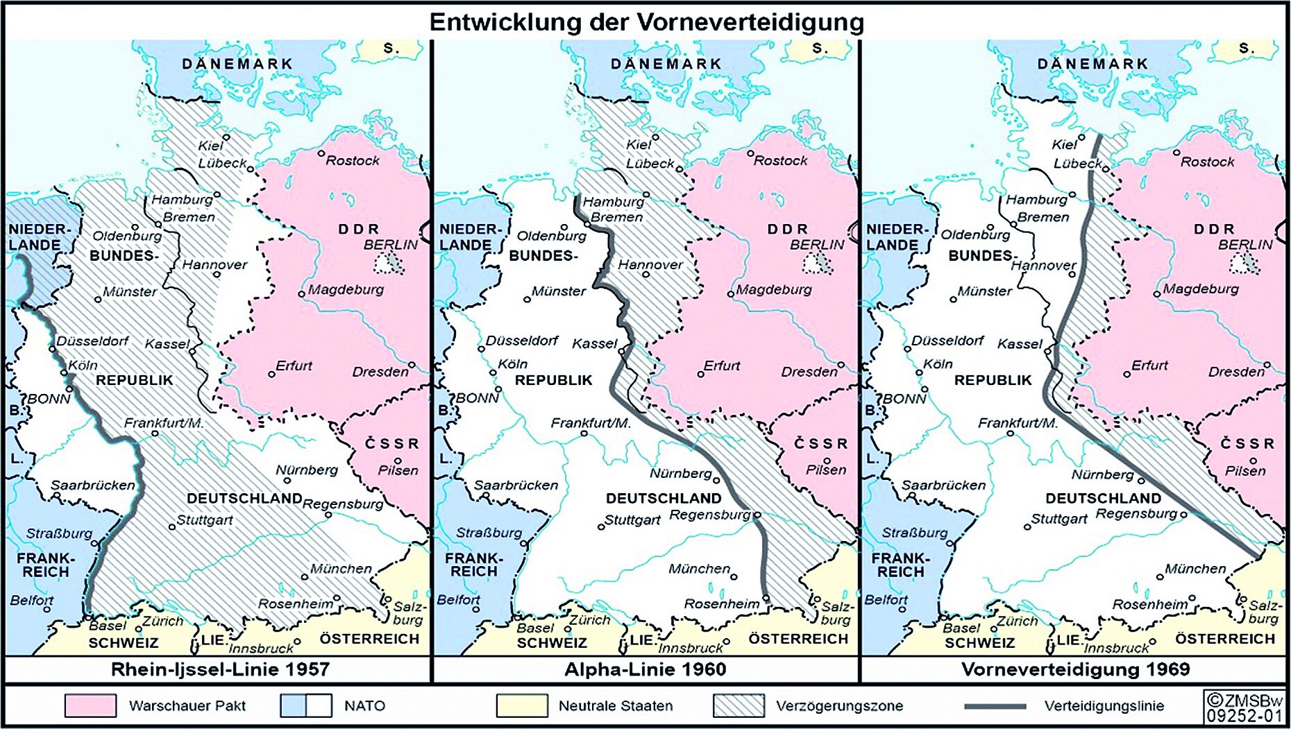 Grafik der Vorneverteidigung, die eine Doktrin der NATO war, um die Sowjetarmee und ihre Verbündeten im Falle eines Überfalls auf die Bundesrepublik in Schach zu halten. Foto: ZMSBw