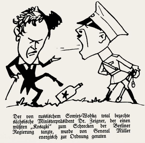 Zeitgenössische Karikatur aus der satirischen Zeitschrift „Kladderadatsch“, die seit 1923 zum Konzern des Industriellen Hugo Stinnes gehörte.  Foto: Archiv 