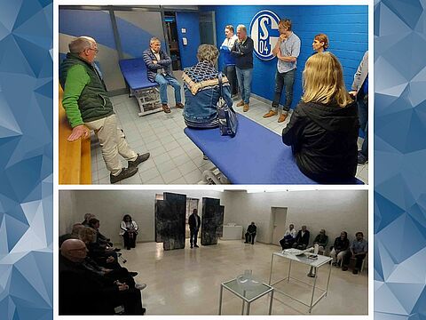 Pfarrer Ernst Martin Barth Barth (sitzend) erläuterte der DBwV Besuchergruppe in der Schalker Kabine nicht nur den Ablauf vor einem Spiel, sondern führte auch versiert durch alle Bereiche der Arena mit ihren Besonderheiten wie der Kapelle in der Veltins Arena. Foto: Oberstleutnant a.D. Andreas Schnellbach
