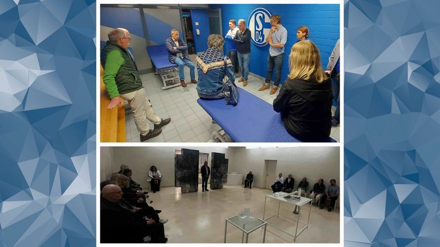Pfarrer Ernst Martin Barth Barth (sitzend) erläuterte der DBwV Besuchergruppe in der Schalker Kabine nicht nur den Ablauf vor einem Spiel, sondern führte auch versiert durch alle Bereiche der Arena mit ihren Besonderheiten wie der Kapelle in der Veltins Arena. Foto: Oberstleutnant a.D. Andreas Schnellbach