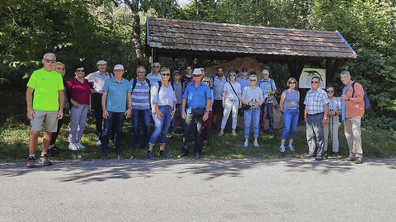 Vorsitzender Rother (ganz links) mit der Wandergruppe vor dem Dinosaurierstein Külsheim. Foto: Carina Rother