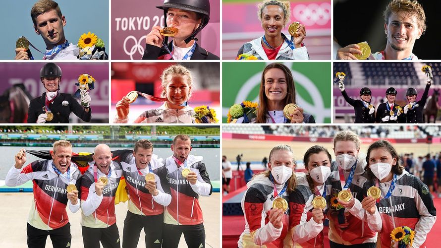 Die deutschen Goldmedaillengewinner bei den olympischen Sommerspielen in Tokio: (oben/v.l.) Florian Wellbrock (Freiwasser, 10 km), Julia Krajewski (Vielseitigkeit), Malaika Mihambo (l/Weitsprung), Alexander Zverev (Tennis); (Mitte/v.l.): Jessica von Bredow-Werndl (Dressur Einzel), Aline Rotter-Focken (Ringen), Ricarda Funk (Kanu/Slalom), Dorothee Schneider (v.l.), Isabell Werth und Jessica von Bredow-Werndl (Dressur Mannschaft); (unten/v.l.) Max Rendschmidt, Ronald Rauhe, Tom Liebscher und Max Lemke (Kajak-Vierer) und Franziska Brauße (v.l.), Lisa Klein, Mieke Kröger und Lisa Brennauer (4000m Mannschaftsverfolgung). Foto: dpa