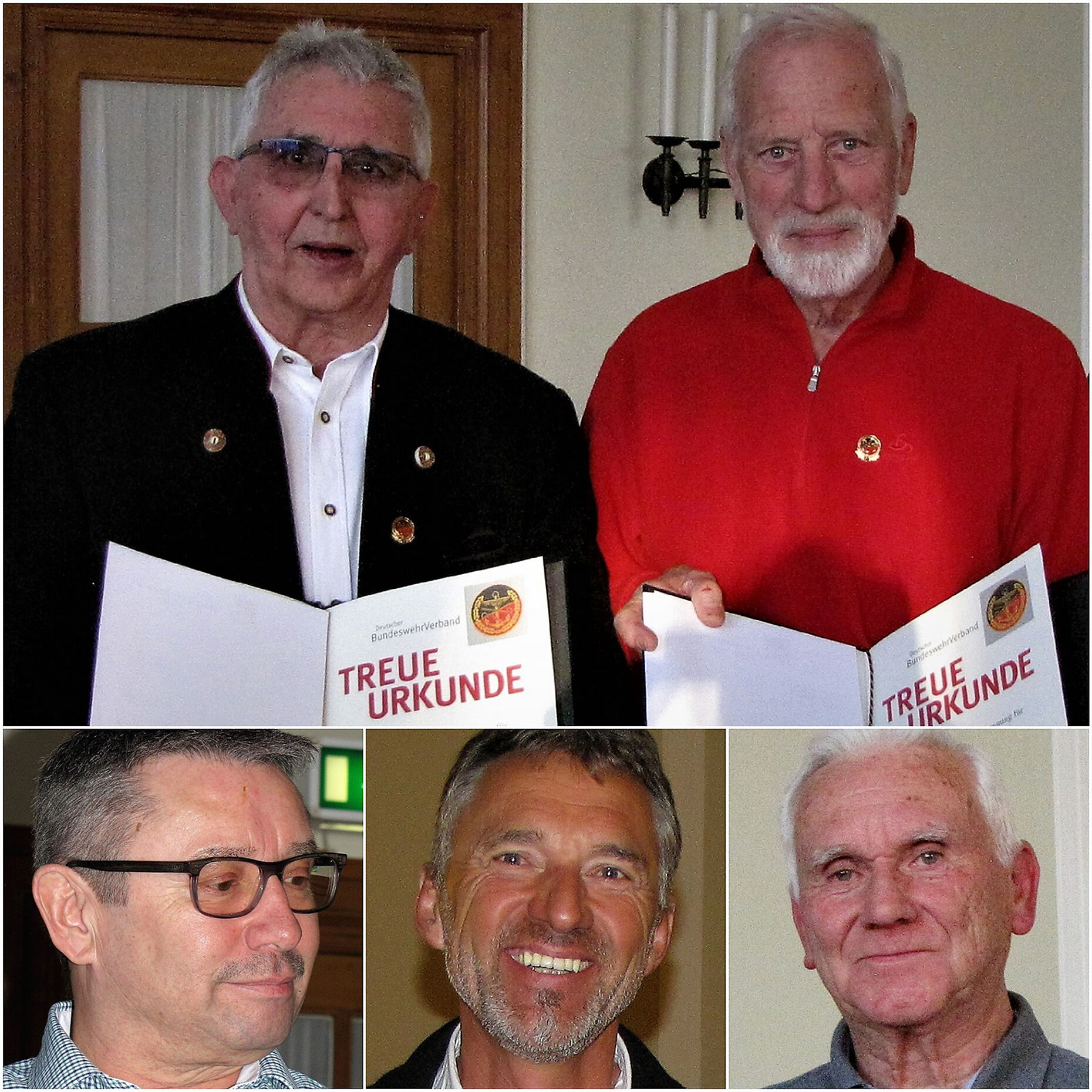 Für langjährige Mitgliedschaft geehrte Kameraden: Hauptmann a.D. Albert Goll und Stabsfeldwebel a.D. Herbert Schlamberger (50 Jahre) (oben v.l.), Oberstabsfeldwebel a.D. Volker Werner und Hauptmann a.D. Albert Perner (40 Jahre), Oberstabsfeldwebel a.D. Ot