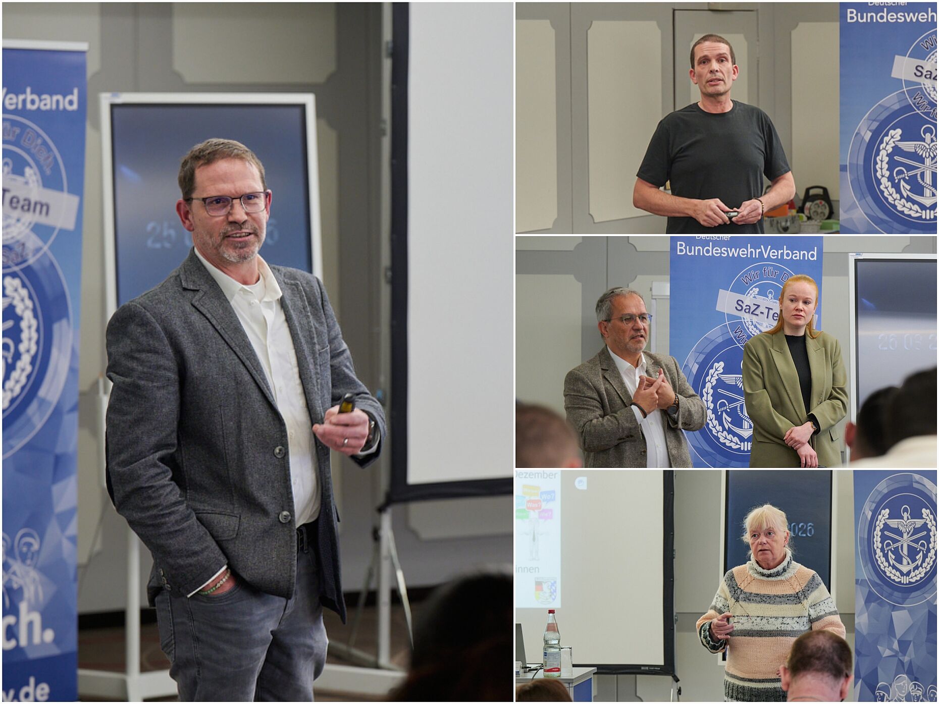 Praxisnahe Tipps für die zivil‑berufliche Neuausrichtung gab es von Felix Klein (l.), Thomas Huber (rechts von oben), Team DBV/AXA Dieter Machauer und Alena Rutert sowie von Anne Gottschalk (BwFachS München). Foto: IK