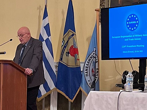 EUROMIL-Präsident Emmanuel Jacob begrüßte die Vertreter der nationalen europäischen Mitgliedsverbände zur Präsidiumssitzung in Athen. Foto: EUROMIL/Twitter