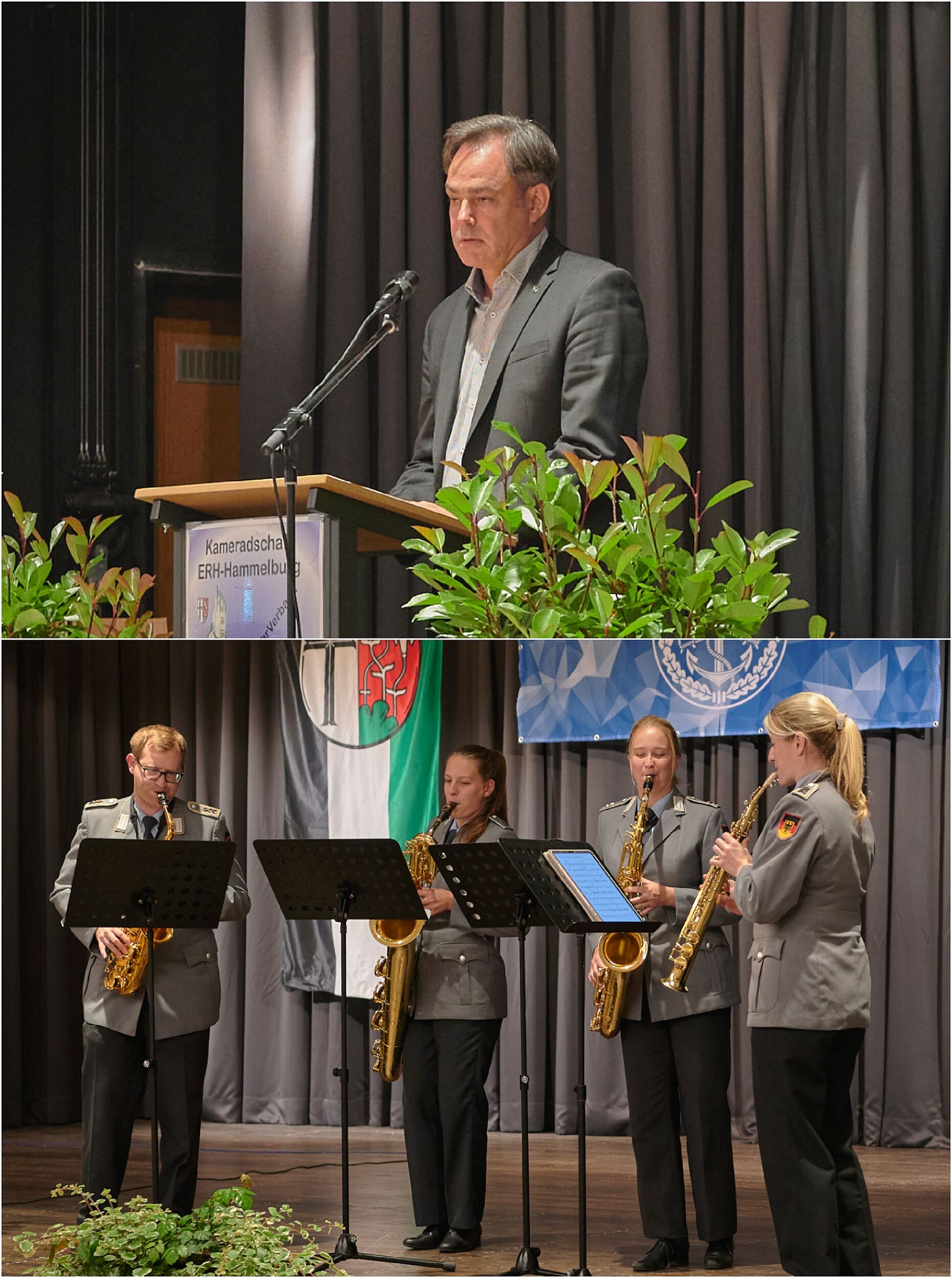 Ansprache vom evangelischen Militärpfarrer Bernhard Ziegler und Klänge der Nationalhymnen des Saxophon-Quartetts vom Heeresmusikkorps Ulm beendete den Festakt. Foto: ik
