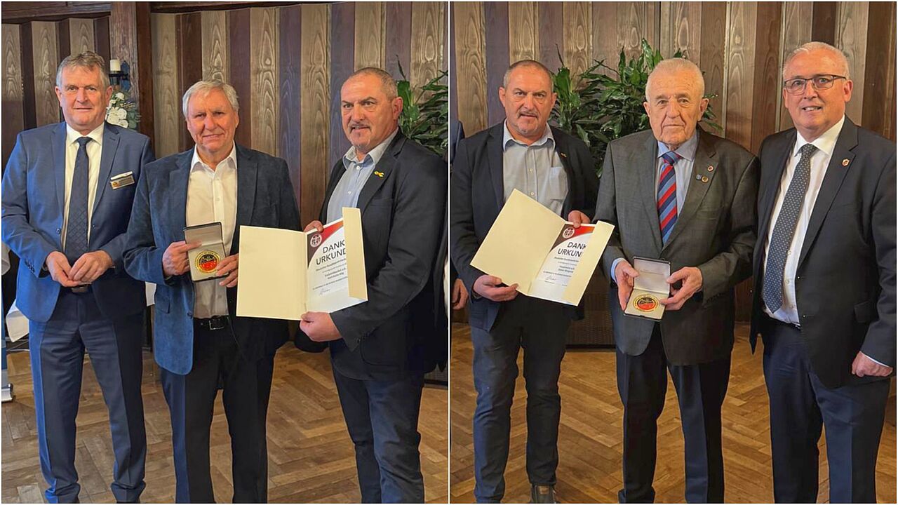 Dank für 40 Jahre Einsatz im Mandat: Karl-Heinz Bög (linkes Bild, Mitte) und Dieter Weigand (rechtes Bild, Mitte) erhalten die Verbandsplakette beim Neujahrsempfang der Kameradschaft ERH Bruchsal. Foto: KERH Bruchsal