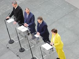 Die Parteispitzen Markus Söder (CSU), Friedrich Merz (CDU), Lars Klingbeil und Saskia Esken (beide SPD) vereinbarten Anfang März nach Sondierungsgesprächen die Aufnahme von Koalitionsverhandlungen. Foto: picture alliance/dpa/Kay Nietfeld