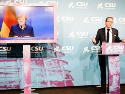 Auf der digitalen Pressekonferenz: Bundeskanzlerin Angela Merkel und CSU-Landesgruppenchef Alexander Dobrindt. Foto: picture alliance/dpa/dpa-Pool | Kay Nietfeld