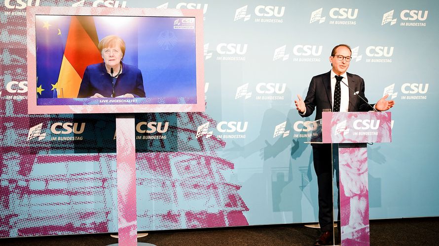 Auf der digitalen Pressekonferenz: Bundeskanzlerin Angela Merkel und CSU-Landesgruppenchef Alexander Dobrindt. Foto: picture alliance/dpa/dpa-Pool | Kay Nietfeld