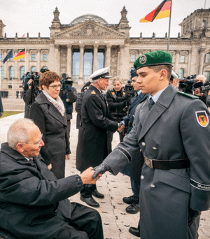Bundestagspräsident Wolfgang Schäuble gratuliert einem Soldaten des Wachbataillons. Im Hintergrund: Verteidigungsministerin Annegret Kramp-Karrenbauer. Foto: dpa