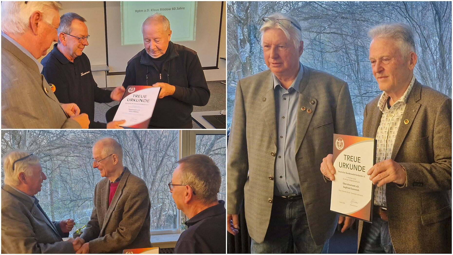 Eine der letzten Amtshandlungen des bisherigen Vorsitzenden Oberstabsfeldwebel a.D. Peter Hofmann war die Auszeichnung der Mitglieder Hauptmann a.D. Klaus Blödow (Bild links oben), Oberstleutnant a. D. Siegfried Eisenreich (Bild rechts) und Major a.D. Christoph Burchard gemeinsam mit Bezirksvorsitzendem Harald Lott. Foto: Sascha Ferner