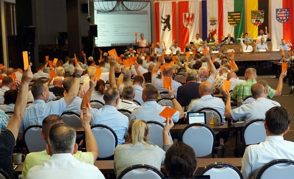 Die Delegierten bei der Abstimmung über die Anträge. Foto: DBwV/Kruse