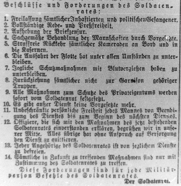 Die 14 Punkte des Kieler Soldatenrats vom 5. November, die von vielen Soldatenräten übernommen wurden Foto: Wikimedia