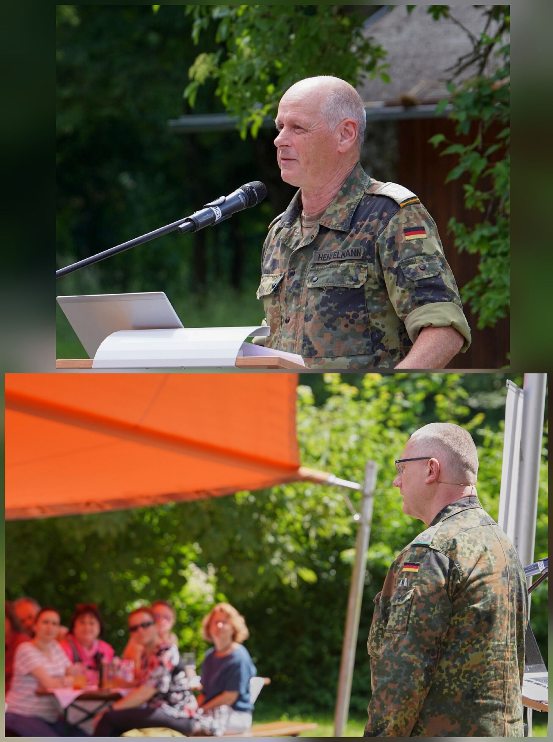 Der Leiter des Studierendenbereichs Oberst Matthias Henkelmann (oben) warb für ein starkes Miteinander, Oberstleutnant Arndt vom Landeskommando Bayern zeigte dies am „Operationsplan Deutschland“. Foto/Collage: TruKa UniBw München/IK