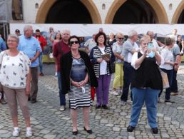 Die Teilnehmer des Kameradschaftswochenendes beobachten das Glockenspiel auf dem Markplatz zu Goslar. Foto: DBwV/Ulrich