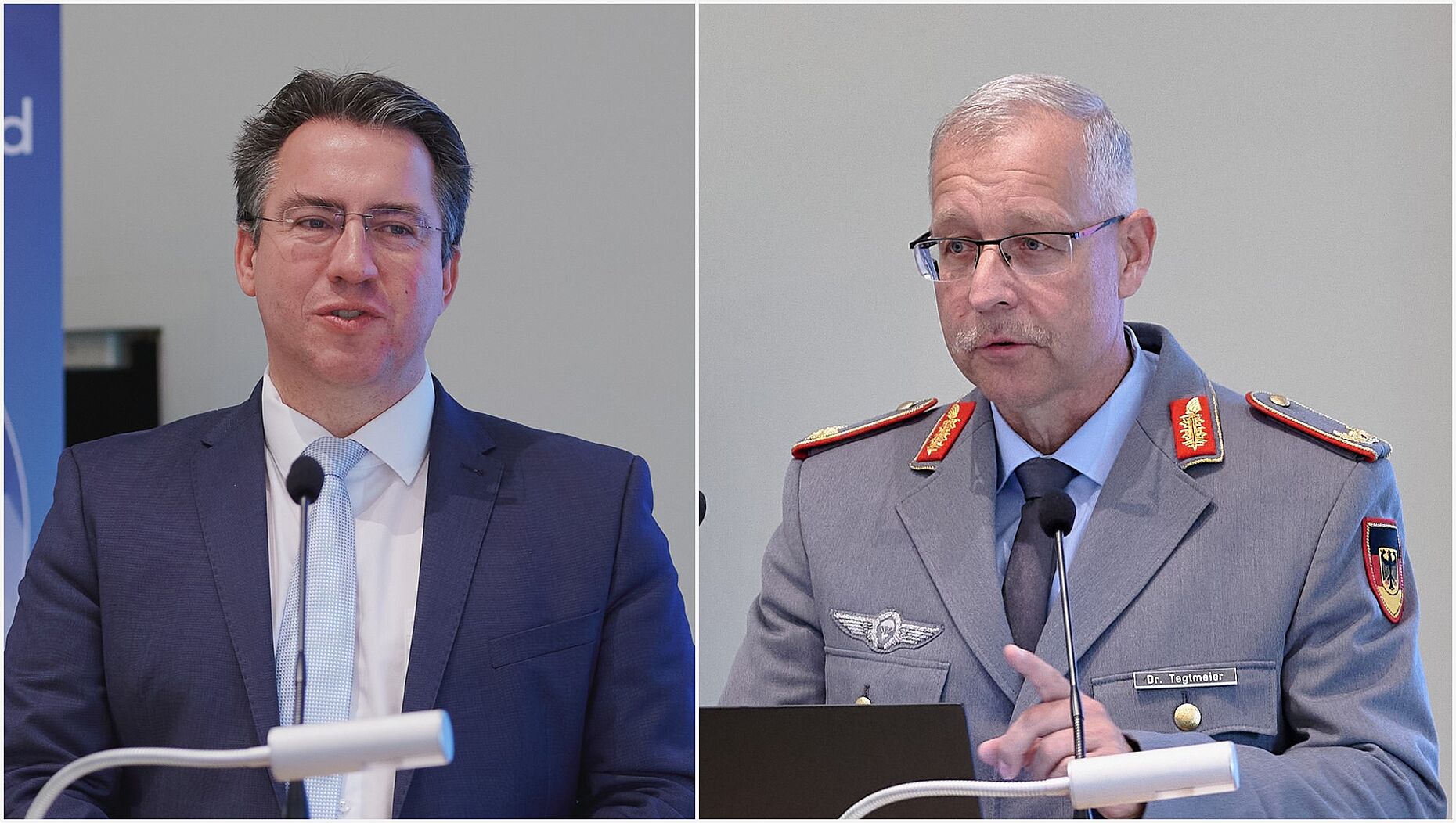 Ministerialrat Dr. Johannes Urban von der Bayerischen Staatskanzlei und Brigadegeneral Dr. Michael Tegtmeier vom BAUIDBw verweisen auf erste Erfolge bei der Beschleunigung von Infrastrukturvorhaben der Bundeswehr. Foto: Ingo Kaminsky
