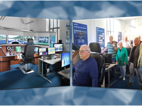 Mitglieder der Kameradschaft ERH Karlsruhe beobachten ihren „Kapitän“ Stabsfeldwebel a.D. René Langner bei seiner Einfahrt in die Koblenzer Mosel-Schleuse am Schiffssimulator des Bundesamtes für Wasserbau (BAW). Foto: Ramona Rössler