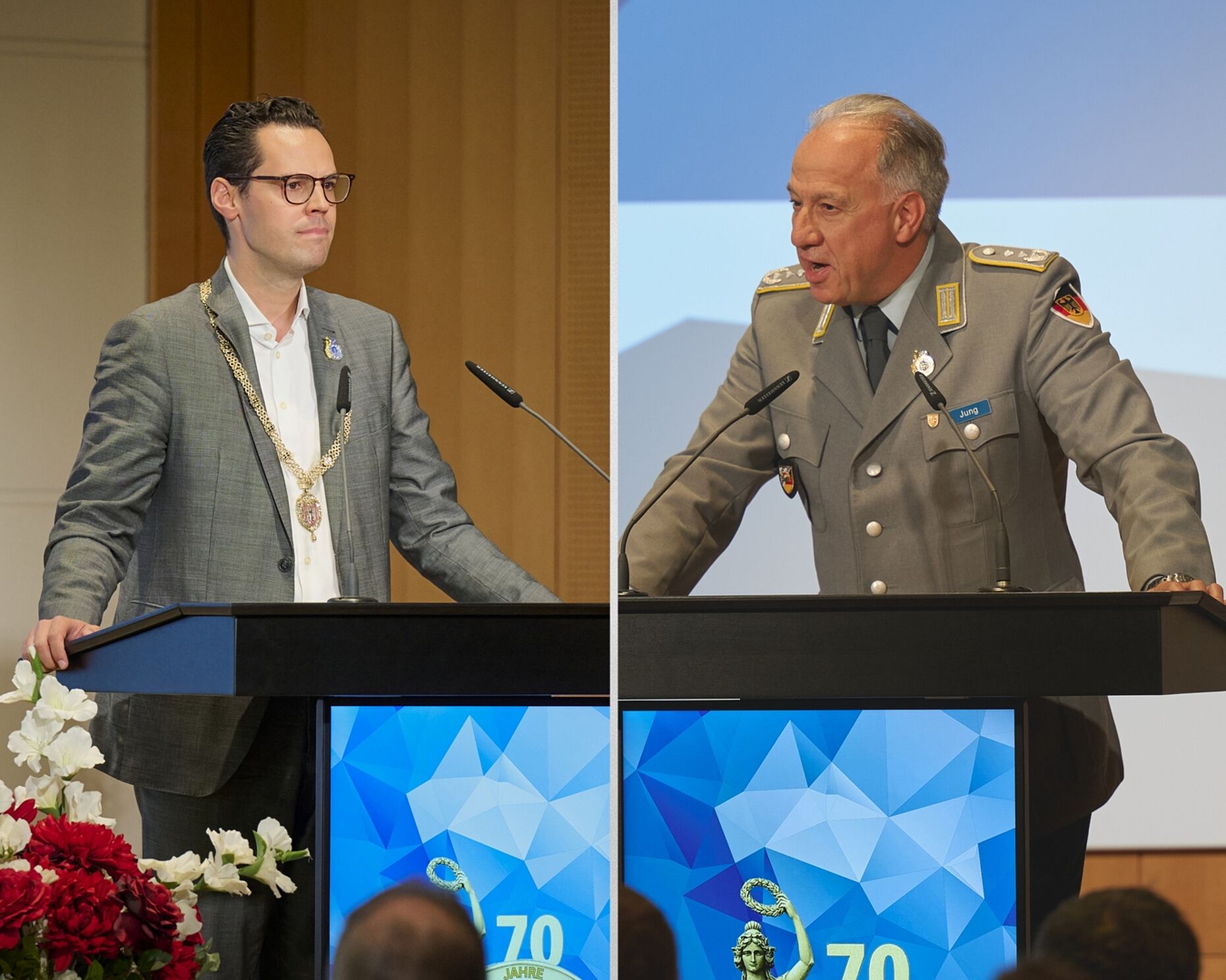 Stadtrat Laurenz Kiefer und Oberst Knuth Jung warben in ihren Grußworten für Zusammenhalt, gesellschaftliche Verankerung der Bundeswehr und eine enge Zusammenarbeit von Stadt, Verband und Streitkräften. Foto: Ingo Kaminsky