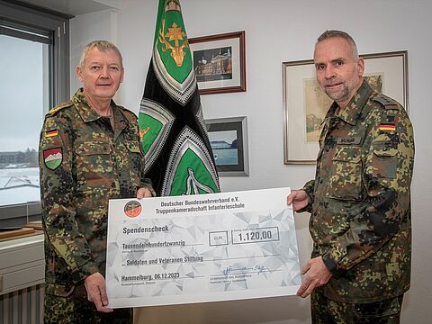 Zur symbolischen Übergabe kamen TruKa-Vorsitzender Hauptmann Steffen Naumann und Brigadegeneral Michael Matz stellvertretend für die Soldaten und Veteranen Stiftung im Dienstzimmer des Generals der Infanterie zusammen. Foto: Andrea Rippstein