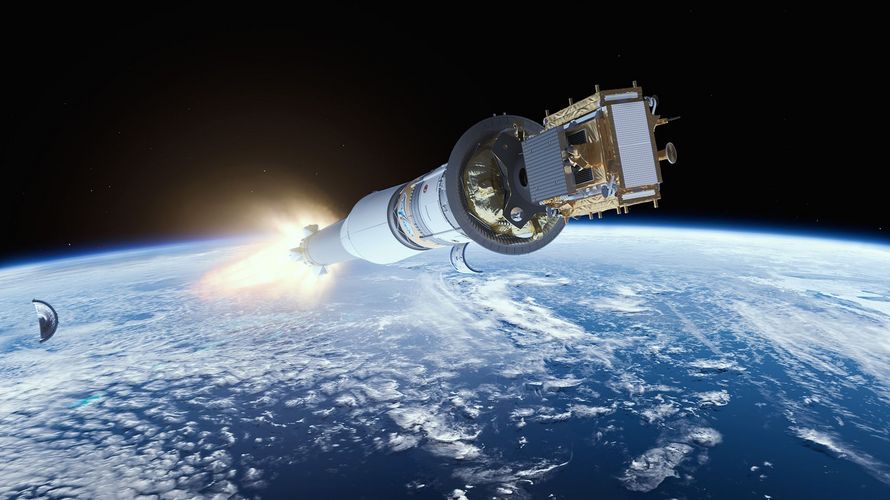 Der Radarsatellit Sentinel 1B wird 2016 mittels einer Sojus-Rakete in den Orbit transportiert. Foto: picture alliance / dpa