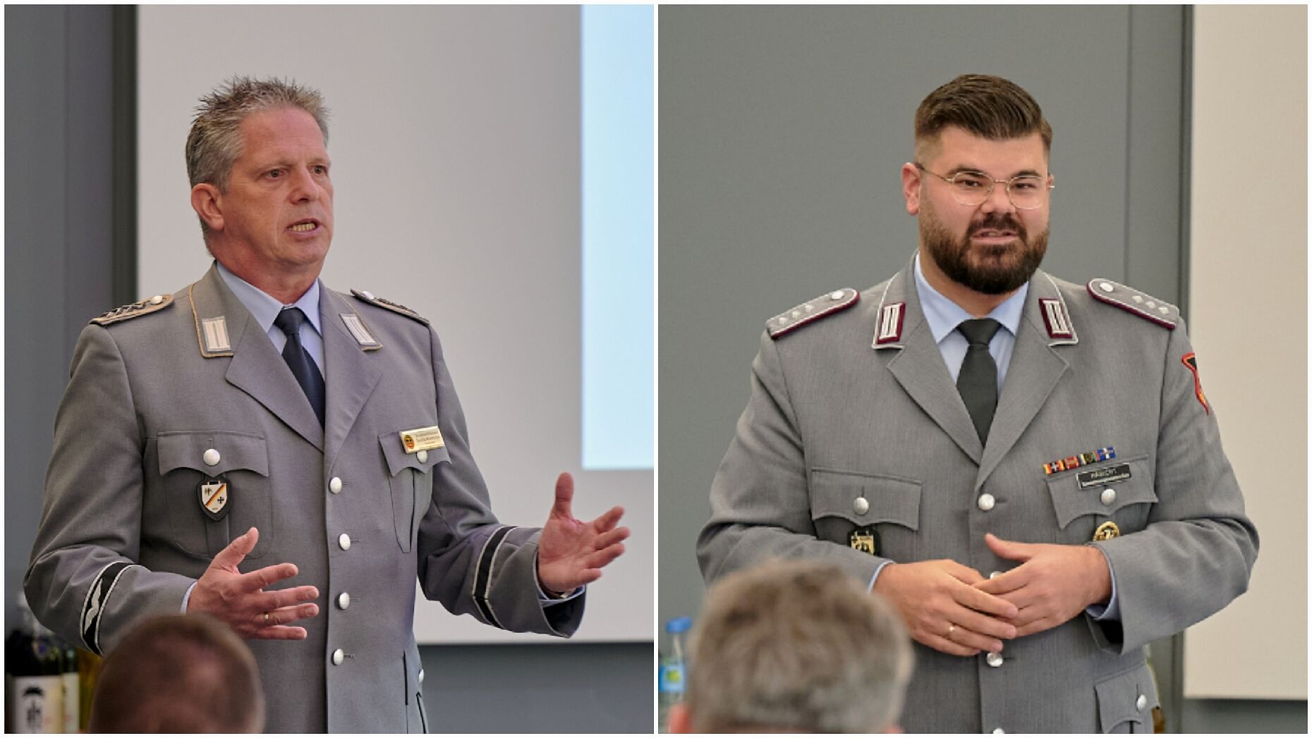 Von ihrer Arbeit im HPR und als GVPA-Sprecher berichteten Oberstabsfeldwebel Sascha Altenhofen (links) und Hauptmann Sebastian Habicht. Foto: DBwV/Ingo Kaminsky