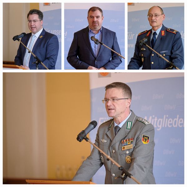 Die Verteidigungsfähigkeit der Bundeswehr war bestimmendes Thema in den Reden von Ministerialrat Dr. Johannes Urban, Florian Hahn (MdB), Brigadegeneral Thomas Hambach und Bundesvorsitzender Oberst André Wüstner. Foto: DBwV/Ingo Kaminsky