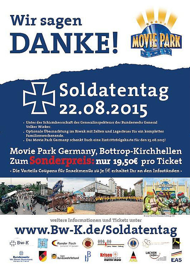 Am 22. August 2015 veranstaltet die Bundeswehr-Kameradschaft gemeinsam mit verschiedenen Organisationen, Verbänden, Stiftungen und der Bundeswehr unter dem Motto „Wir sagen Danke!” den vierten Soldatentag im Movie Park Germany.