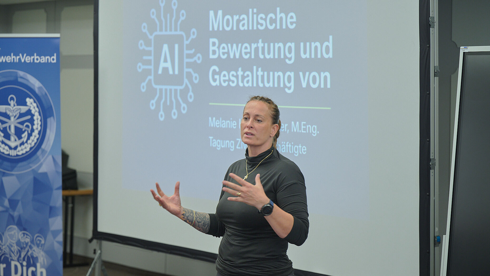 Melanie Haschberger beleuchtete die moralischen Herausforderungen beim Einsatz von Künstlicher Intelligenz. Foto: DBwV/ik