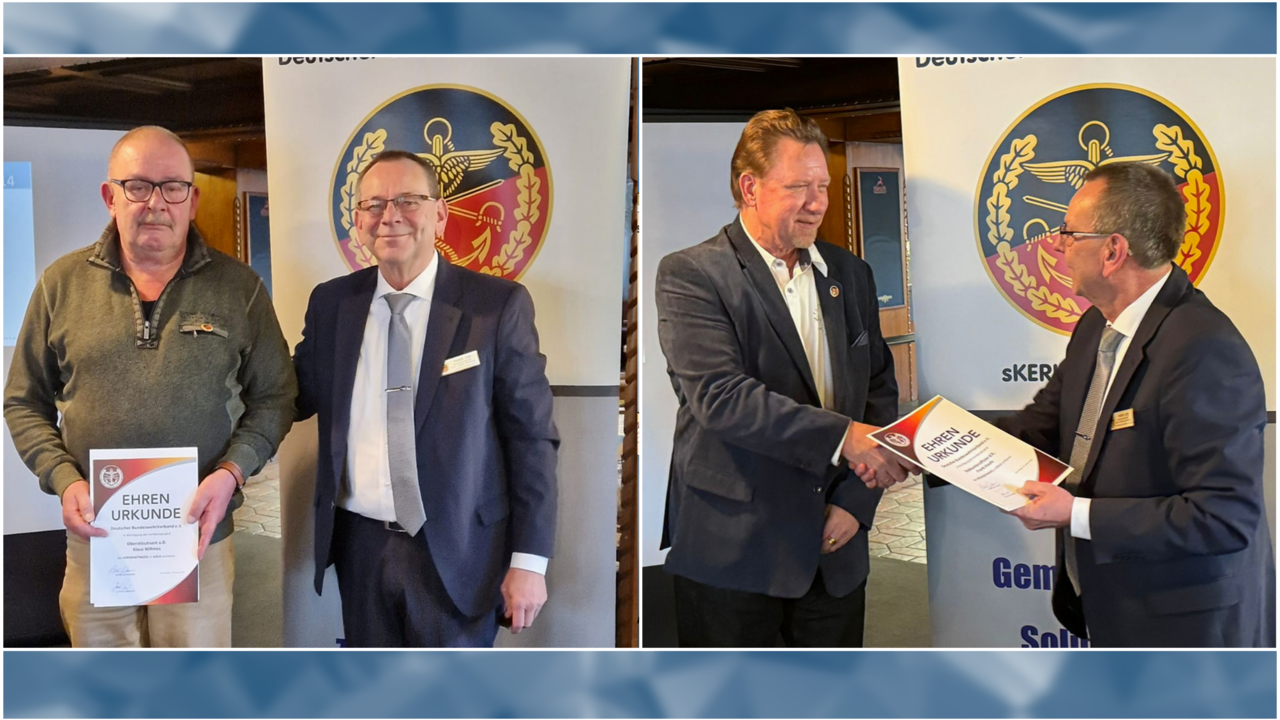Bezirksvorsitzender Oberstabsfeldwebel a.D. Harald Lott verleiht Vorsitzendem Oberstleutnant a.D. Klaus Willmes (linkes Bild) und Stabsunteroffizier d.R. Frank Haufe die Verdienstnadel in Gold. Foto: KERH Tuttlingen