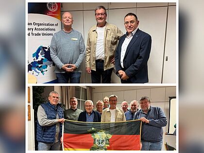 Das neue Vorstandsteam der KERH Niederrhein freute sich nach der Wahl Oberstabsfeldwebel a.D. Rudi Schmelzer (oben rechts) als Redner zum Engagement des DBwV bei EUROMIL begrüßen du können. Foto: Daniela Bach