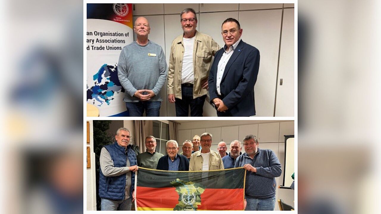 Das neue Vorstandsteam der KERH Niederrhein freute sich nach der Wahl Oberstabsfeldwebel a.D. Rudi Schmelzer (oben rechts) als Redner zum Engagement des DBwV bei EUROMIL begrüßen du können. Foto: Daniela Bach