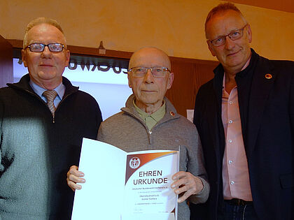 Aus den Händen des 2. Vorsitzenden ERH im Bundesvorstand, Uwe Schenkel (r.), sowie des Vorsitzenden der KERH Potsdam, Udo Schultz, konnte Günter Fonfara (M.) die Verdienstnadel in Gold entgegennehmen. Foto: Günther Stein