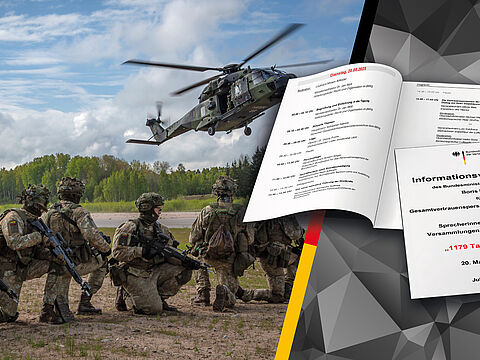 1179 Tage Zeitenwende: Die Herausforderungen für die Bundeswehr sind Thema der Informationsveranstaltung von Verteidigungsminister Boris Pistorius für den Gesamtvertrauenspersonenausschuss beim BMVg (GVPA) sowie Sprecherinnen und Sprecher von Versammlungen der Vertrauenspersonen. Ein Schwerpunkt ist die Rückkehr zur Landes- und Bündnisverteidigung, die hier bei der Übung Griffin Lightning 2025 in Panev?žys/Litauen, im Mai 2025 trainiert wird. Ein Mehrzweckhubschrauber NH-90 der Bundeswehr nimmt litauische Kräfte während der Übung auf. Foto: Bundeswehr/Bill Drechsler