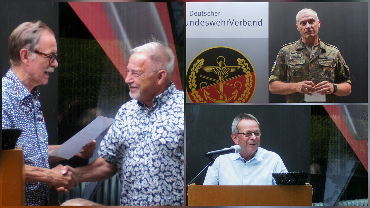 Ehrung von Stabshauptmann a.D. Johannes Faulhaber beim Sommerfest der Kameradschaft ERH Ulm/Neu-Ulm und Grußworte vom stellvertretenden Kommandeur SanRgt 3, Oberstleutnant Jörg Weindl, und Bezirksvorsitzendem Harald Lott zur aktuellen Lage der Bundeswehr. Foto: JAG