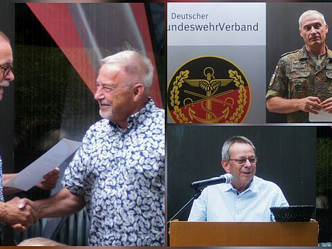 Ehrung von Stabshauptmann a.D. Johannes Faulhaber beim Sommerfest der Kameradschaft ERH Ulm/Neu-Ulm und Grußworte vom stellvertretenden Kommandeur SanRgt 3, Oberstleutnant Jörg Weindl, und Bezirksvorsitzendem Harald Lott zur aktuellen Lage der Bundeswehr. Foto: JAG
