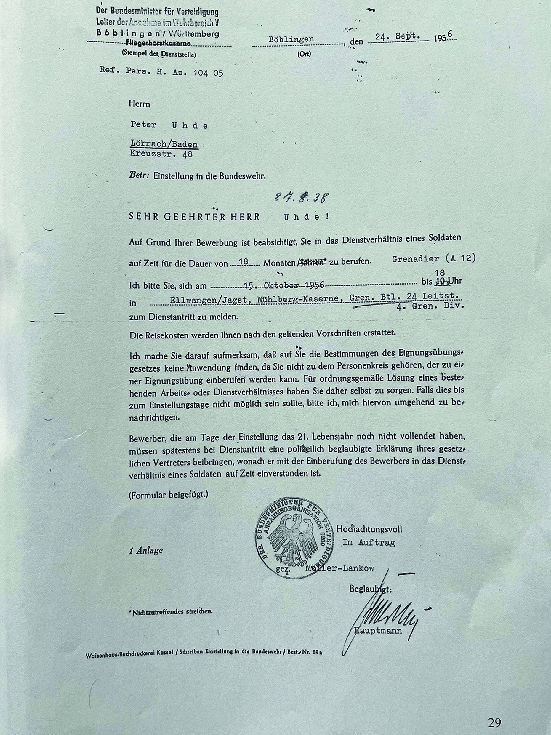 Am 15. Oktober 1956 rückte der damals 18-jährige Peter Uhde beim neu aufgestellten Grenadier-Bataillon 24 in Ellwangen zum Dienst ein. Foto: privat/Uhde
