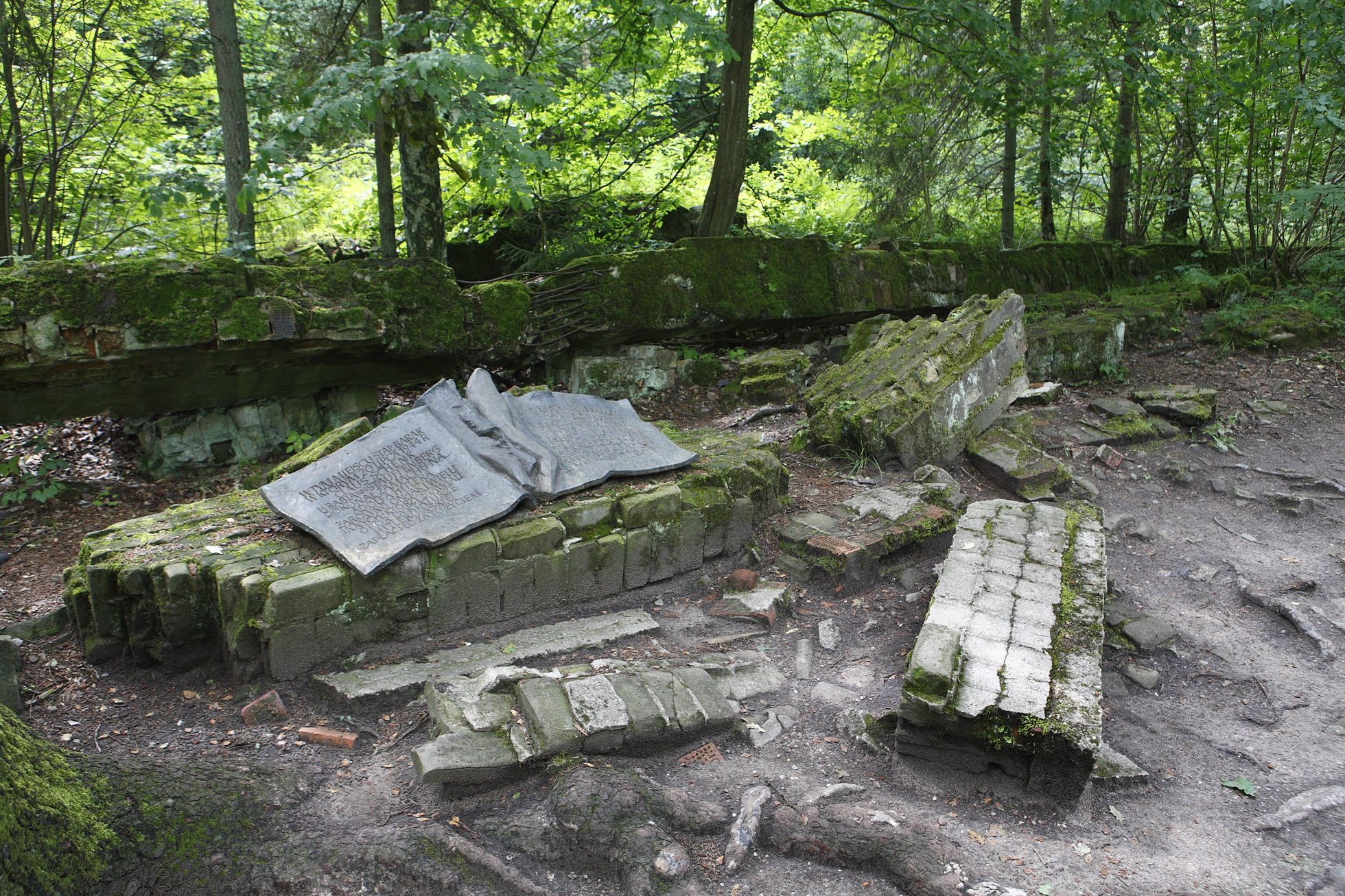 Eine Gedenktafel in Form eines aufgeschlagenen Buchs erinnert am Ort des Attentats, der Kartenbaracke des ehemaligen Führerhauptquartiers, in deutscher und polnischer Sprache die Tat Stauffenbergs am 20. Juli 1944. Die "Wolfsschanze" überstand zwar den Krieg, wurde später aber gesprengt. Foto: picture alliance/Andreas Keuchel