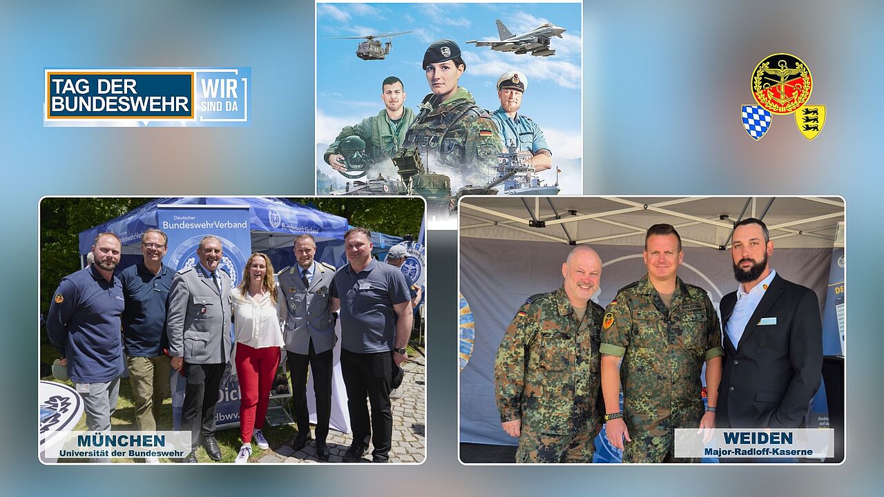 Der Landesverband Süddeutschland präsentierte sich mit seinen Mandatsträgern am Tag der Bundeswehr in München und Weiden als verlässlicher Ansprechpartner - sichtbar, ansprechbar und dialogorientiert. Fotos/Collage: Ingo Kaminsky