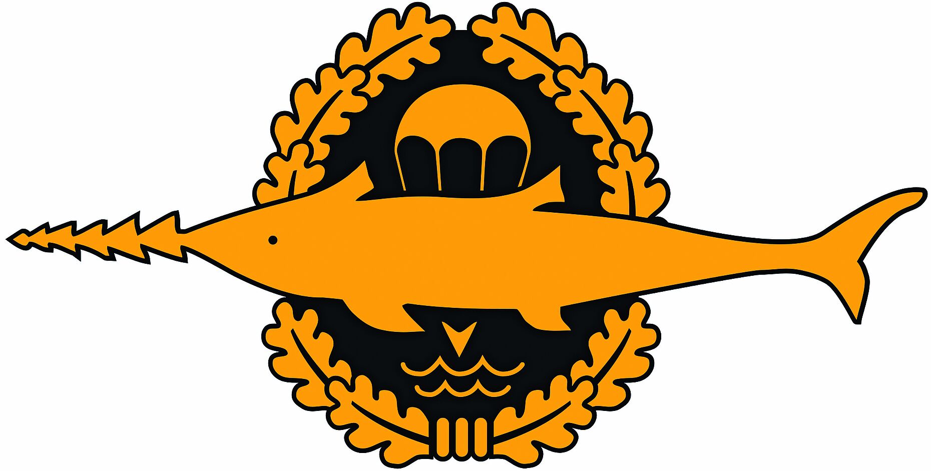 Das Tätigkeitsabzeichen der Kampfschwimmer: Ein Sägefisch auf einem Fallschirm im Eichenlaubkranz. Foto: Wikipedia